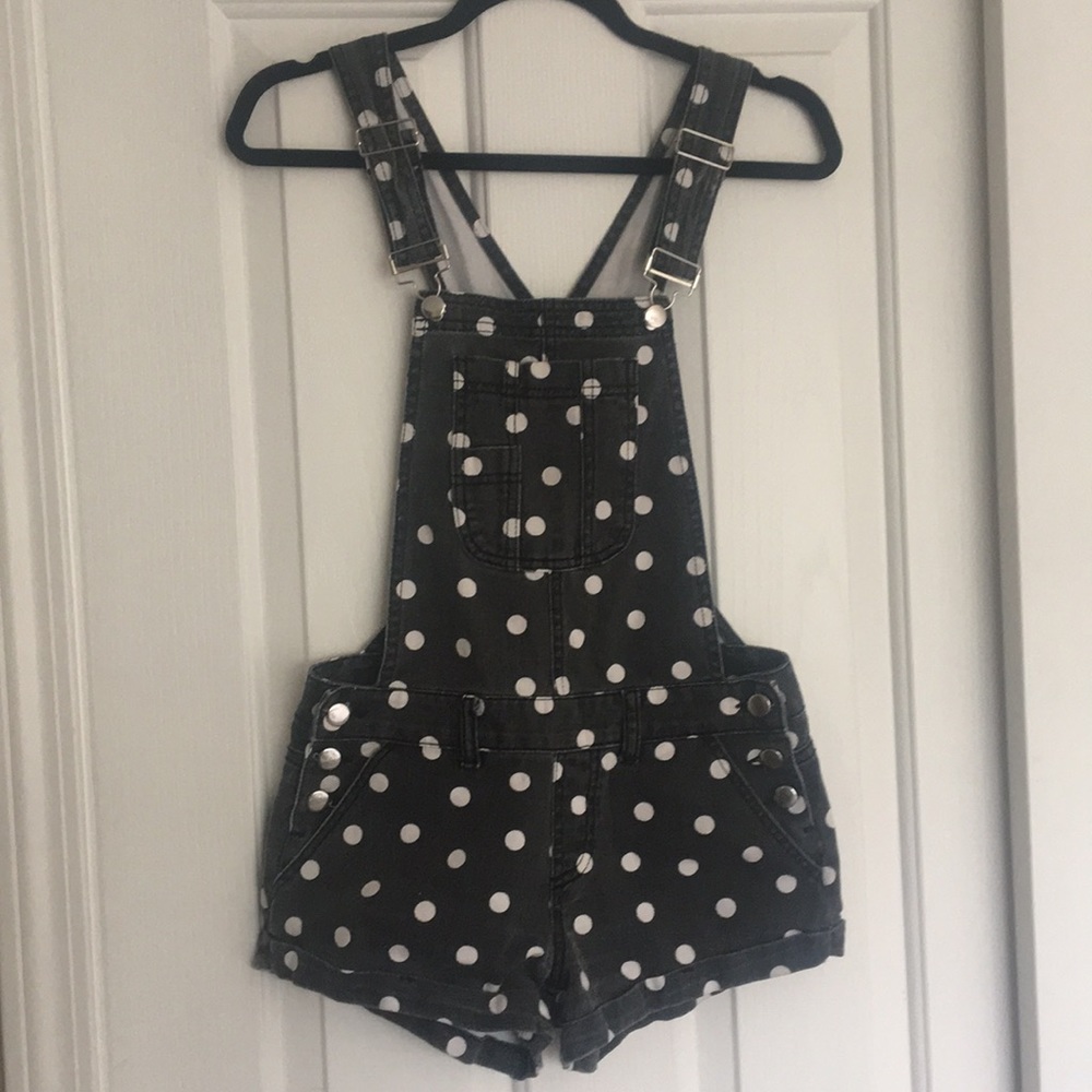 Forever 21: Black Denim Polka Dot Short Overalls